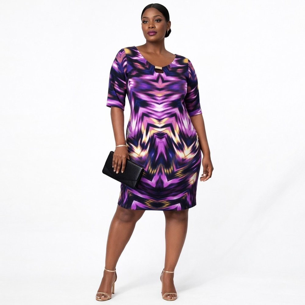 LONDON TIMES Size 4 Gold Accent Purple Kaleidoscope Print Jersey Stretch Dress‎